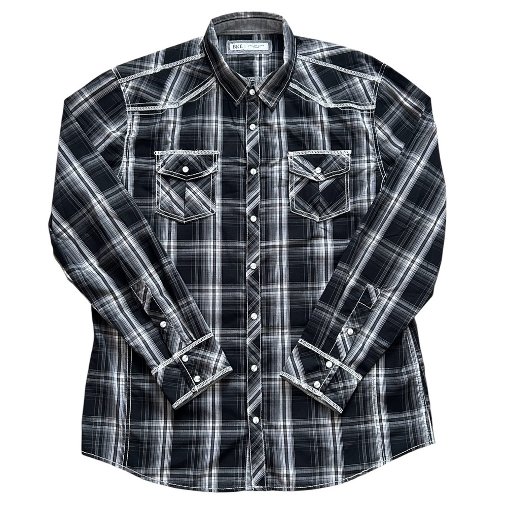 BKE Athletic Fit XL Black Gray Plaid Western Snap Shirt Cowboy